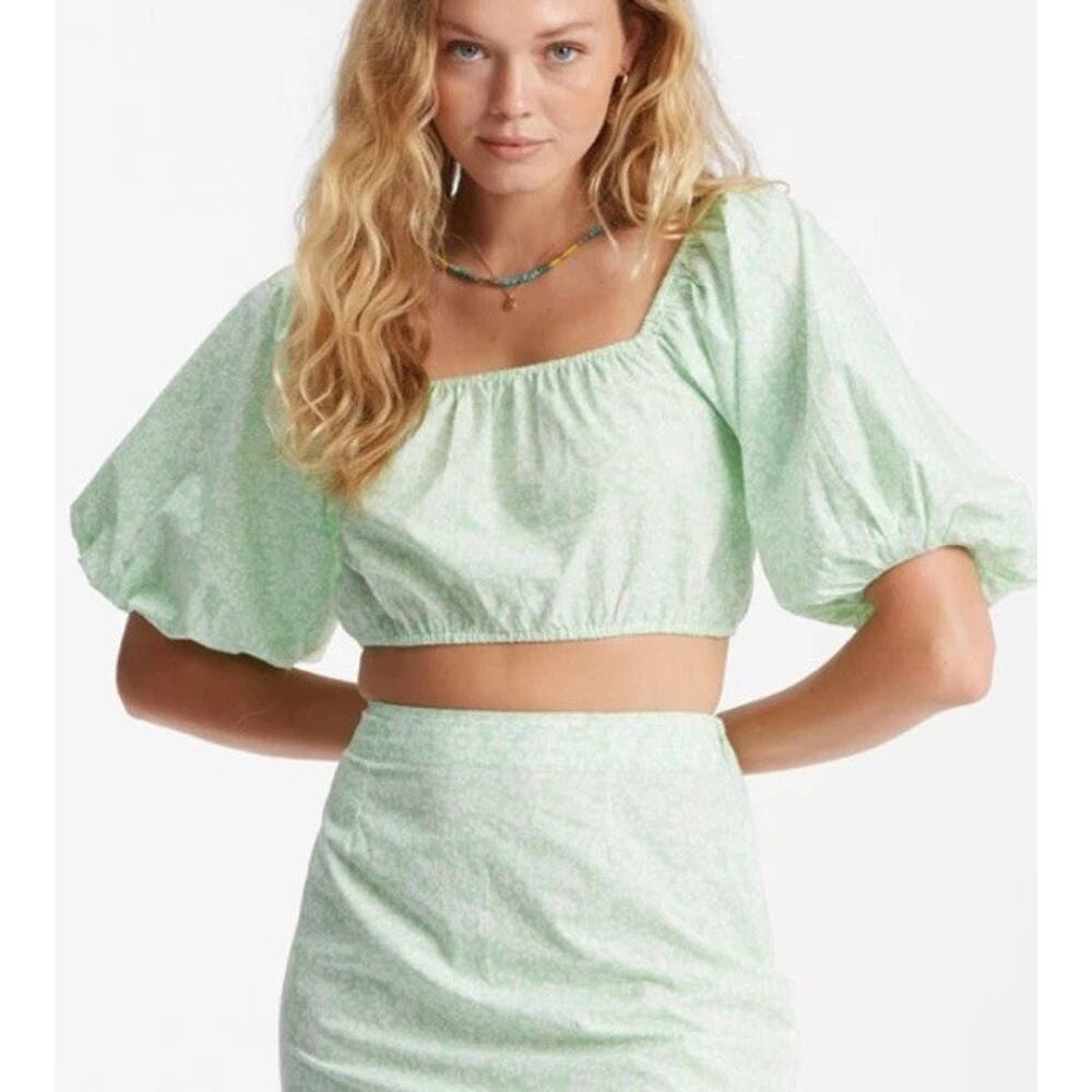 Billabong Tropic Sun Crop Top Floral Mint Green Boho Peasant Balloon Sleeve M